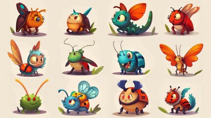 Cartoon insects characters mole, dragonfly, bedbug, butterfly, ladybug, ant, colorado and rhinoceros beetle with smiling faces. Cartoon wild creatures with smiling faces, mascot, kids design