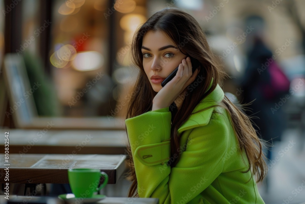 Poster woman sitting at a table talking on a cell phone. suitable for business or communication concepts