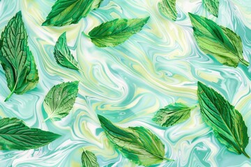 Fresh green leaves on elegant marble surface, perfect for botanical designs