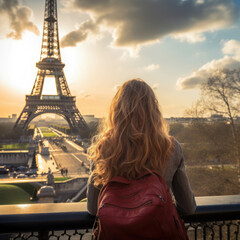 Female tourist standing in front of the Eiffel Tower in Paris, France on summer vacation, tourism concept
