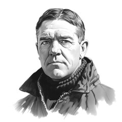 Black and white vintage engraving, close-up headshot portrait of Sir Ernest Henry Shackleton, the famous historical Anglo-Irish Antarctic South Pole explorer, white background, greyscale