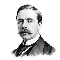 Black and white vintage engraving, close-up headshot portrait of Herbert George (H.G.) Wells, the famous historical English fiction writer and novelist, white background, greyscale