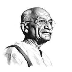 Black and white vintage engraving, close-up headshot portrait of Mohandas Karamchand (Mahatma) Gandhi, the famous historical Indian independence activist and leader, white background, greyscale