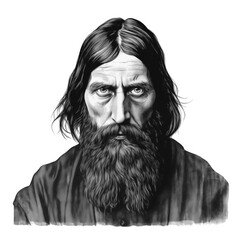 Black and white vintage engraving, close-up headshot portrait of Grigori Yefimovich Rasputin, the famous historical Russian mystical faith healer, white background, greyscale