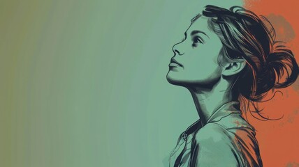 A modern digital sketch of a woman graces the right side of the solid colored background, infusing presentations with contemporary flair and artistic appeal. 