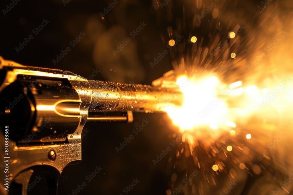 Poster a close up shot of a gun with sparks flying out. suitable for action or crime scenes