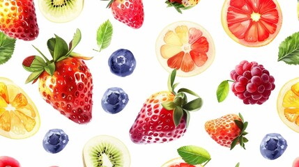 A colorful fruit pattern with a variety of fruits including kiwi, strawberries