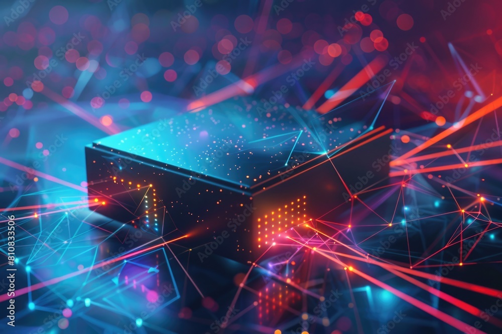 Poster a black box with red and blue lights, suitable for technology concepts