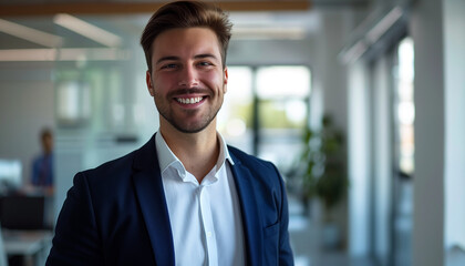 Fototapeta premium Smiling, confident young businessman looks into the camera while standing in the office. Elegant, stylish corporate leader, successful CEO, executive manager.