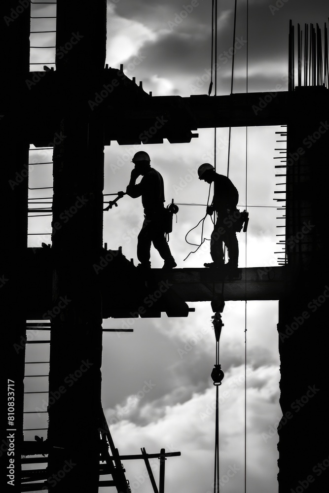 Poster two men standing on top of a building. suitable for urban and business concepts