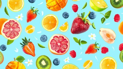 A colorful fruit pattern with a variety of fruits including kiwi, strawberries