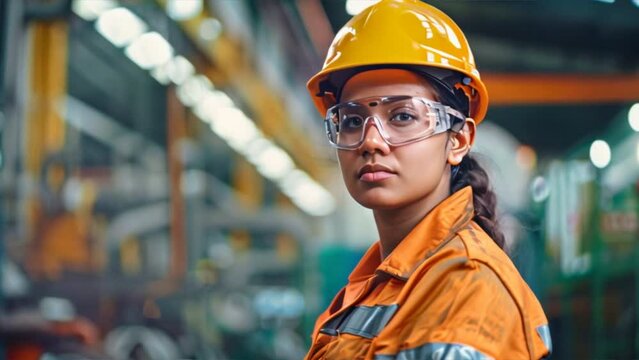 Indian woman staff worker engineer supervisor in safety suit work in factory

