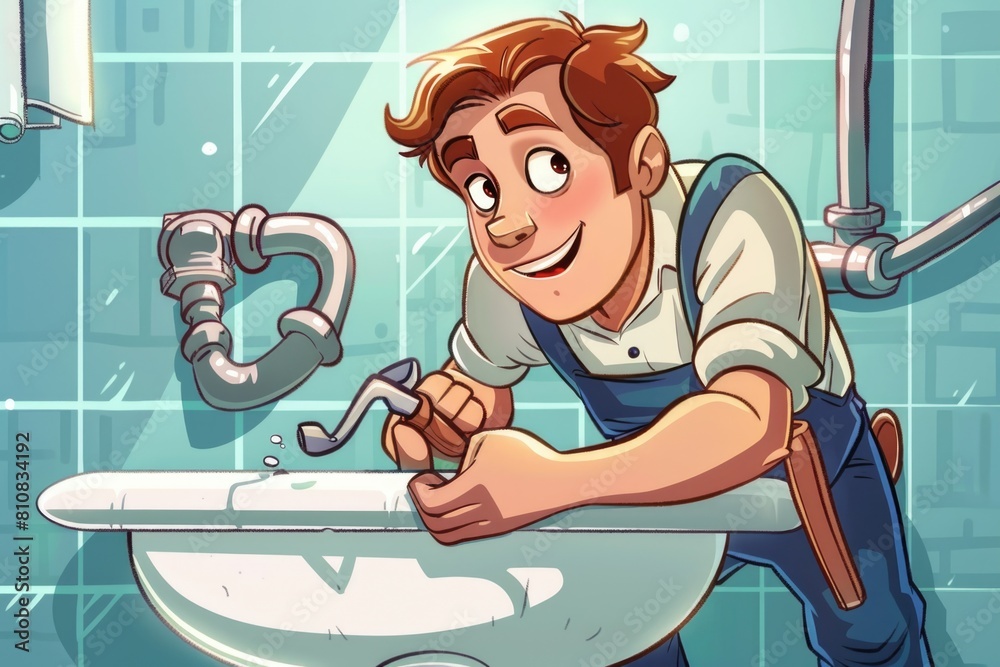 Poster a man is fixing a sink in a bathroom. suitable for home improvement projects