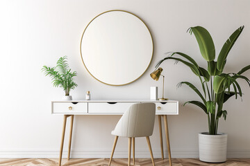 Reflecting Chic: Round Mirror in Stylish Interior
Elegant Simplicity White Wall, Round Mirror
Desk Décor Stylish Room with Circular Reflection
Minimalist Glamour Round Mirror Above Desk