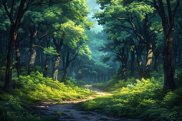 Obraz premium Enchanted Forest Trail: Lush Trees and Winding Pathway Clipart