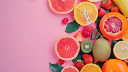 A colorful fruit display with a pink background