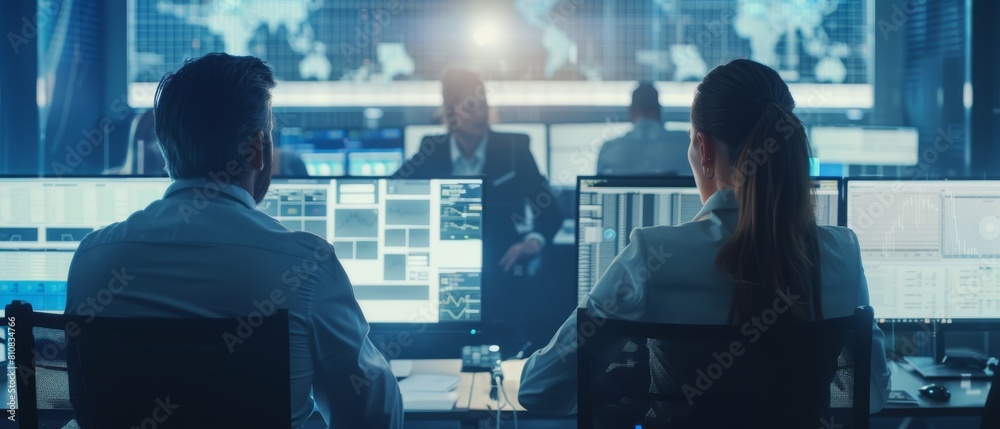 Poster an ai company's staff working behind desktop computers overseeing data on a big digital screen. a ba