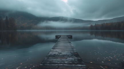 A long wooden dock leads into the middle of a lake