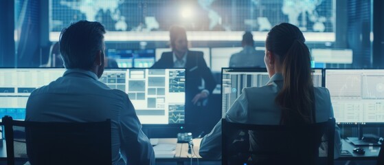 An AI company's staff working behind desktop computers overseeing data on a big digital screen. A back view follows the previous shot of two males and two females discussing data on the screen.