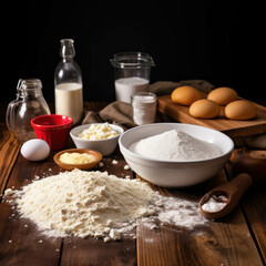 Fototapeta premium Bakery ingredients (flour, sugar, tomato, etc.) on a wooden table for food preparation cooking
