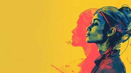 Fototapeta premium A modern digital sketch of a woman stands on the right side against a solid colored background, exuding elegance and grace in presentations. 