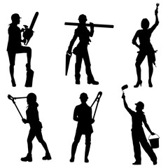 Silhouette collection of female construction workers in action pose with various tools