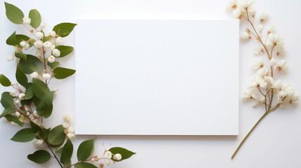 Wedding invitations, photo of a blank sheet of white paper surrounded by white flowers for creating elegant greeting cards