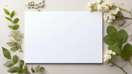 Wedding invitations, photo of a blank sheet of white paper surrounded by white flowers for creating elegant greeting cards
