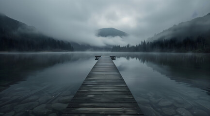 A long wooden dock leads into the middle of a lake