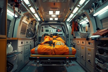 An ambulance equipped with a bed for medical emergencies. Suitable for healthcare concepts