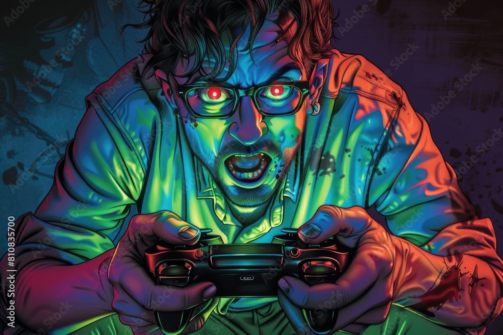 Poster a man holding a video game controller. ideal for gaming and technology concepts