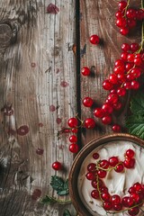 Red currant yogurt. currant branches. On a wooden background. place for text. view from above