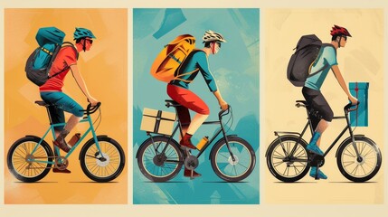 Deliveries posters with a courier on a bike and backpack walking around. Modern banners with a delivery man carrying a parcel or order.