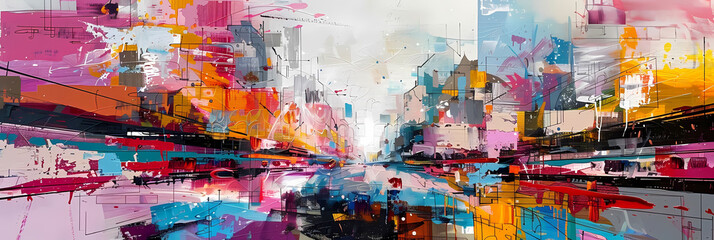chromatic abstractions in urban landscapes a cityscape featuring a towering skyscraper, a bustling street, and a serene river flowing through it