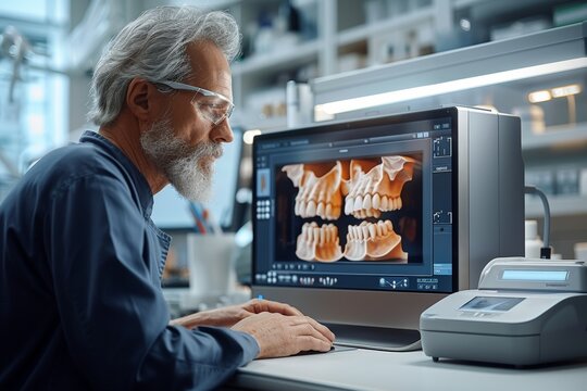 Dental surgeon using 3d printing technology at desk