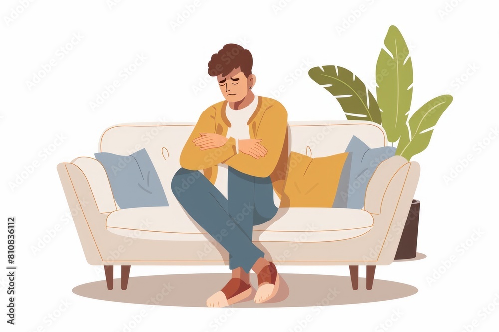 Poster a man sitting on a couch with his arms crossed. suitable for various lifestyle and relaxation concep