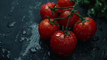 Picture a rustic slate table adorned with freshly harvested tomatoes glistening with water droplets