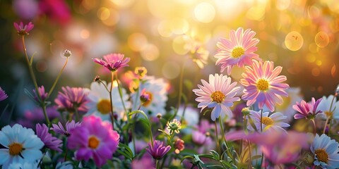 Close-Up of Wildflowers on a Sunny Day. Colourful Nature Background.