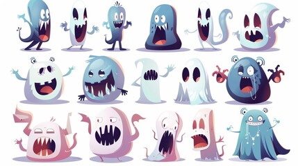 Ghosts, cartoon Halloween characters. Spooky spirits characters with different emoji's smiling, screaming, saying boo. Fantasy monsters, horror, phantom creatures. Modern illustration.