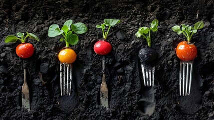 Five forks are firmly planted in rich soil, each cradling a vibrant vegetable or fruit, their...