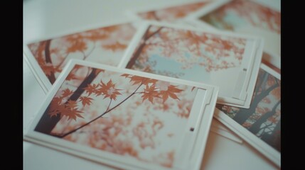 A pile of cards with leaves on them. Perfect for fall season designs