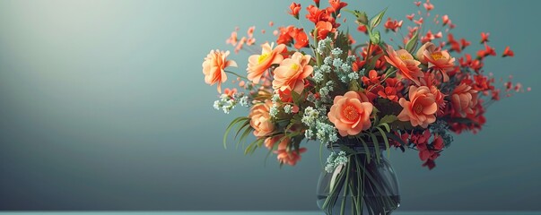 Bunch of fresh blooming flowers placed on table against gray background. Generative AI