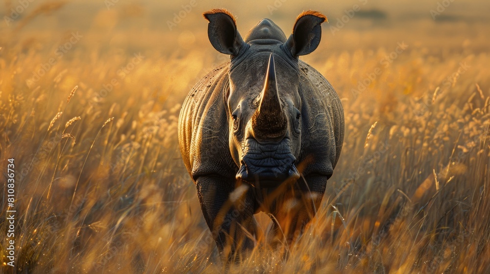 Poster a powerful rhino standing in a field of tall grass. suitable for wildlife concepts