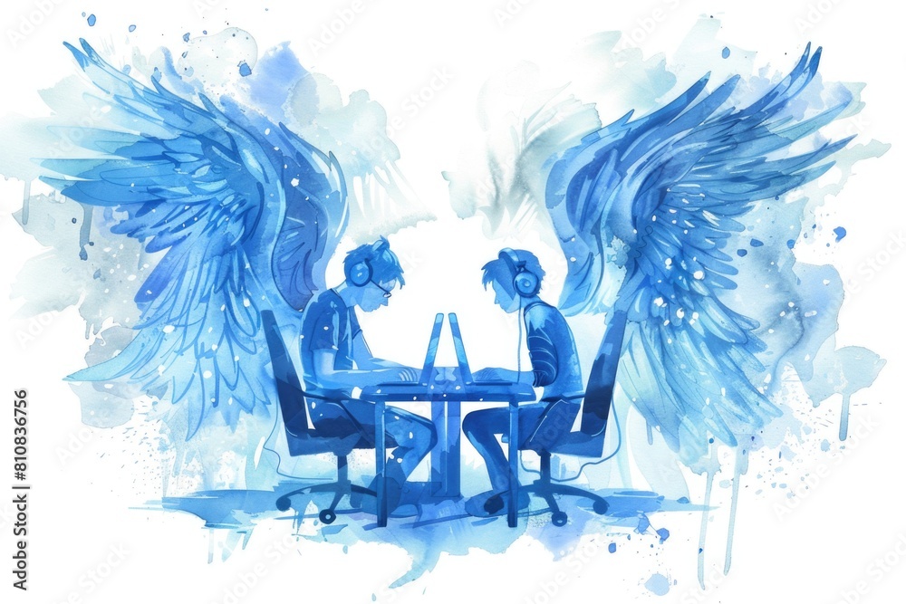 Poster a couple of people sitting at a table with wings. suitable for various creative concepts