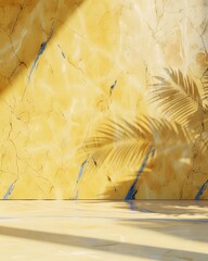 3d render of yellow marble wall with blue veins, sunlight shadow on the floor, empty space for product presentation, mock up background
