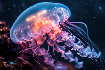 Obraz premium Close-up of iridescent jellyfish in water