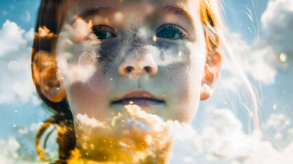Double exposure of little girl with nature .