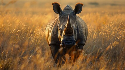 A powerful rhino standing in a field of tall grass. Suitable for wildlife concepts - Powered by Adobe