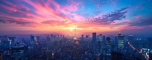 Aerial view of illuminated cityscape against sky during dusk - Powered by Adobe