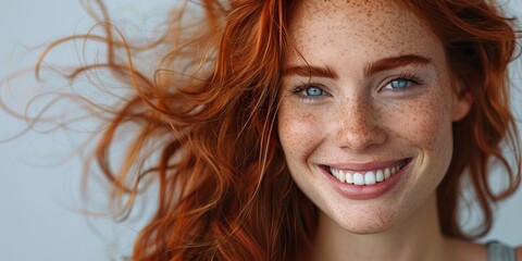 Fototapeta premium Radiant Woman with Flowing Auburn Hair Smiling